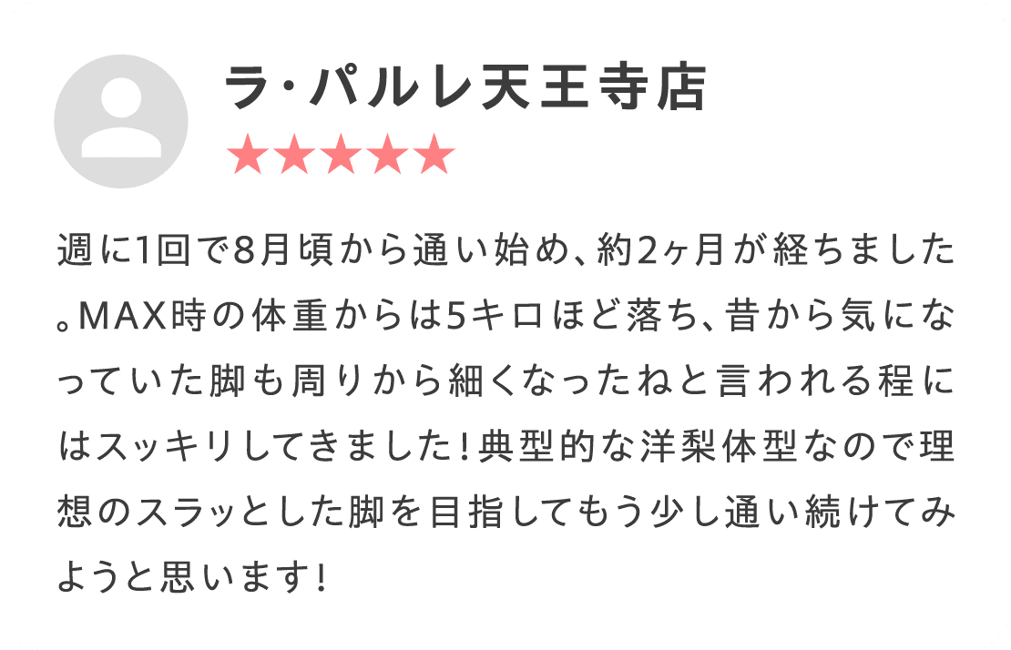 週に1回で8月頃から通い始め、約2ヶ月が経ちました。MAX時の体重からは5キロほど落ち、昔から気になっていた脚も周りから細くなったねと言われる程にはスッキリしてきました！典型的な洋梨体型なので理想のスラッとした脚を目指してもう少し通い続けてみようと思います！